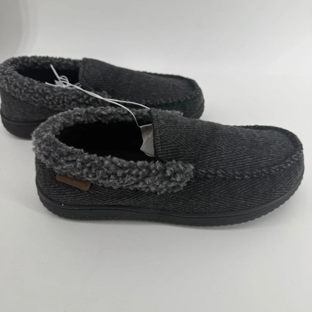 Dearfoams Mens Memory Foam Moccasin Slippers‎ Grey Herringbone Size Small 7-8